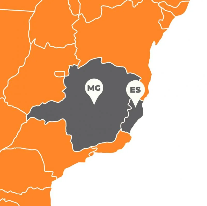 Mapa do Sudeste do Brasil com Minas Gerais e Espírito Santo em destaque